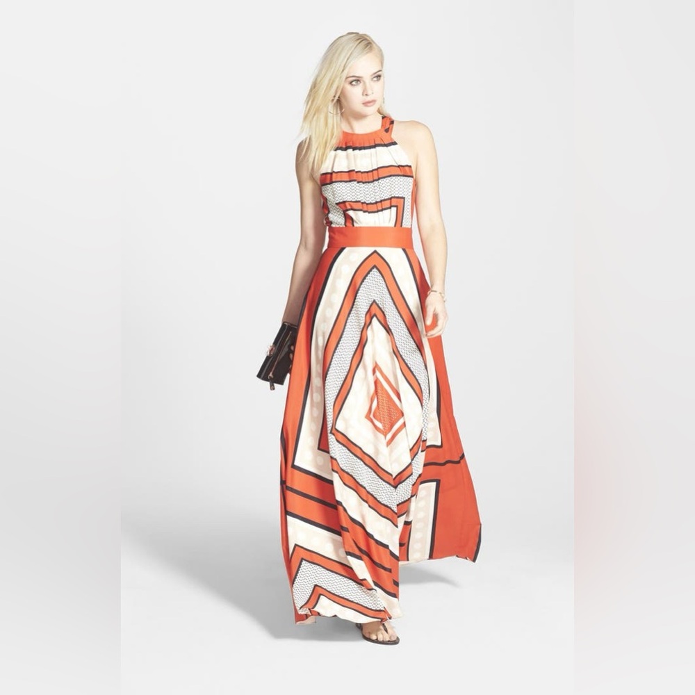 New ~ ELIZA J Scarf Print Crêpe de Chine Fit & Flare Maxi Size 4P